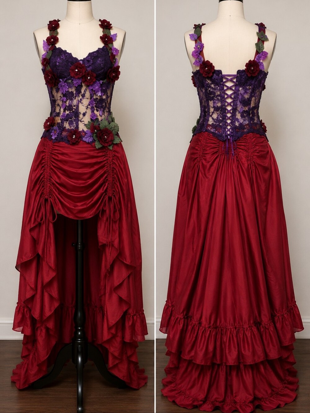 Floral Lace Top and Red Skirt Ensemble